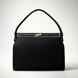 Vtg 70s Black Fabric Clutch HandBag Evening Purse Framed Snap Lock Pouch Gothic